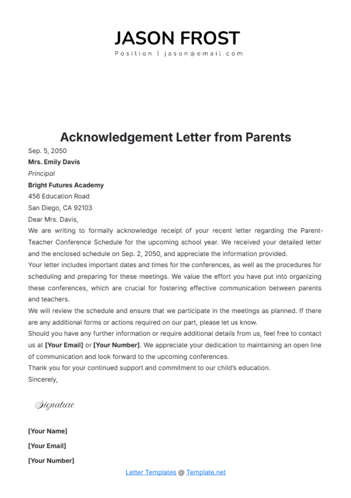 Acknowledgement Letter from Parents Template