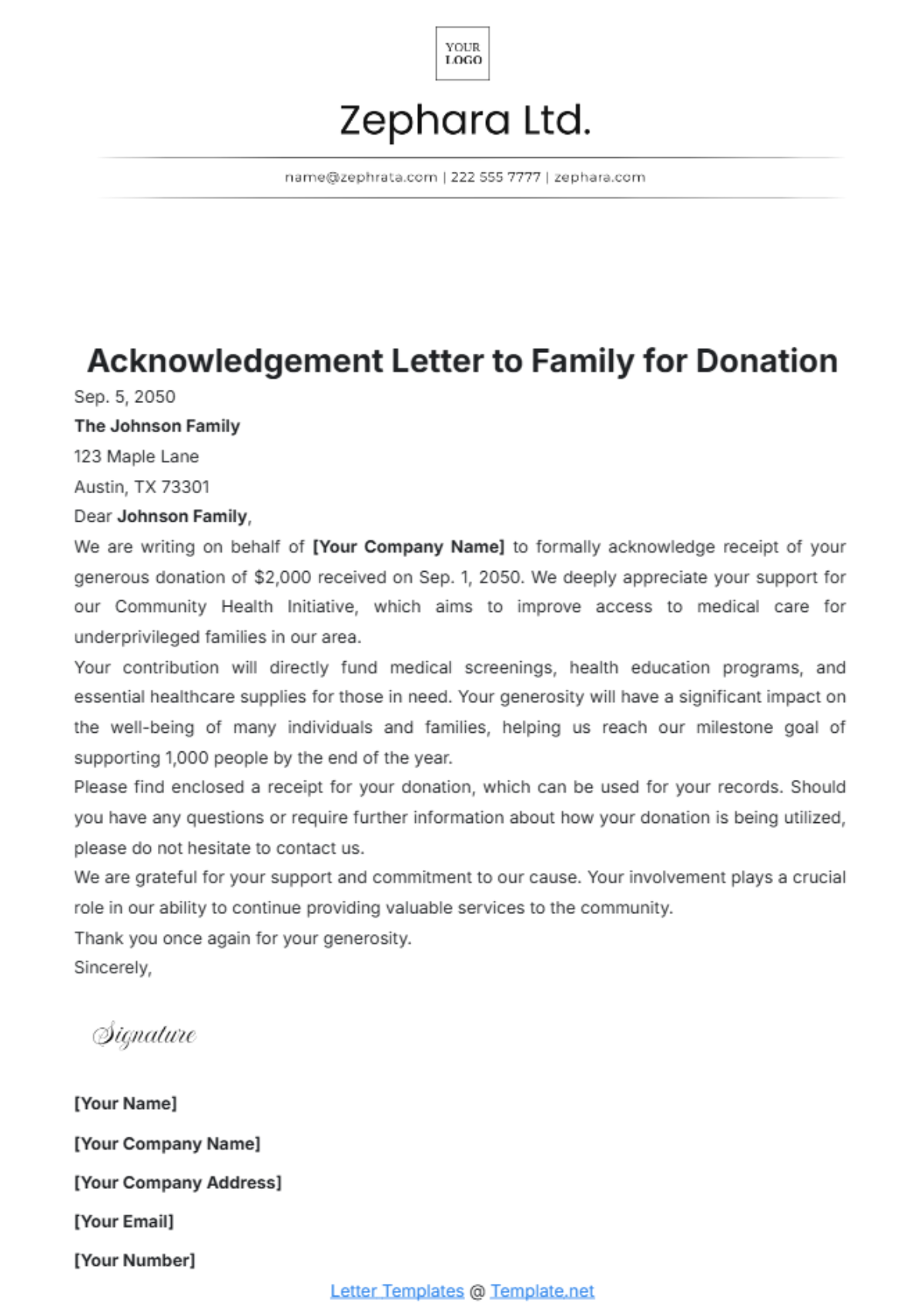 Acknowledgement Letter to Family for Donation Template