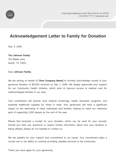 Free Acknowledgement Letter to Family for Donation Template to Edit Online