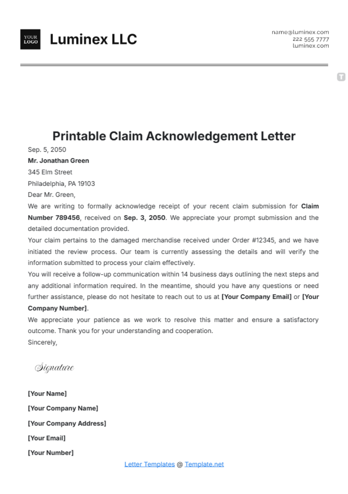 Printable Claim Acknowledgement Letter Template