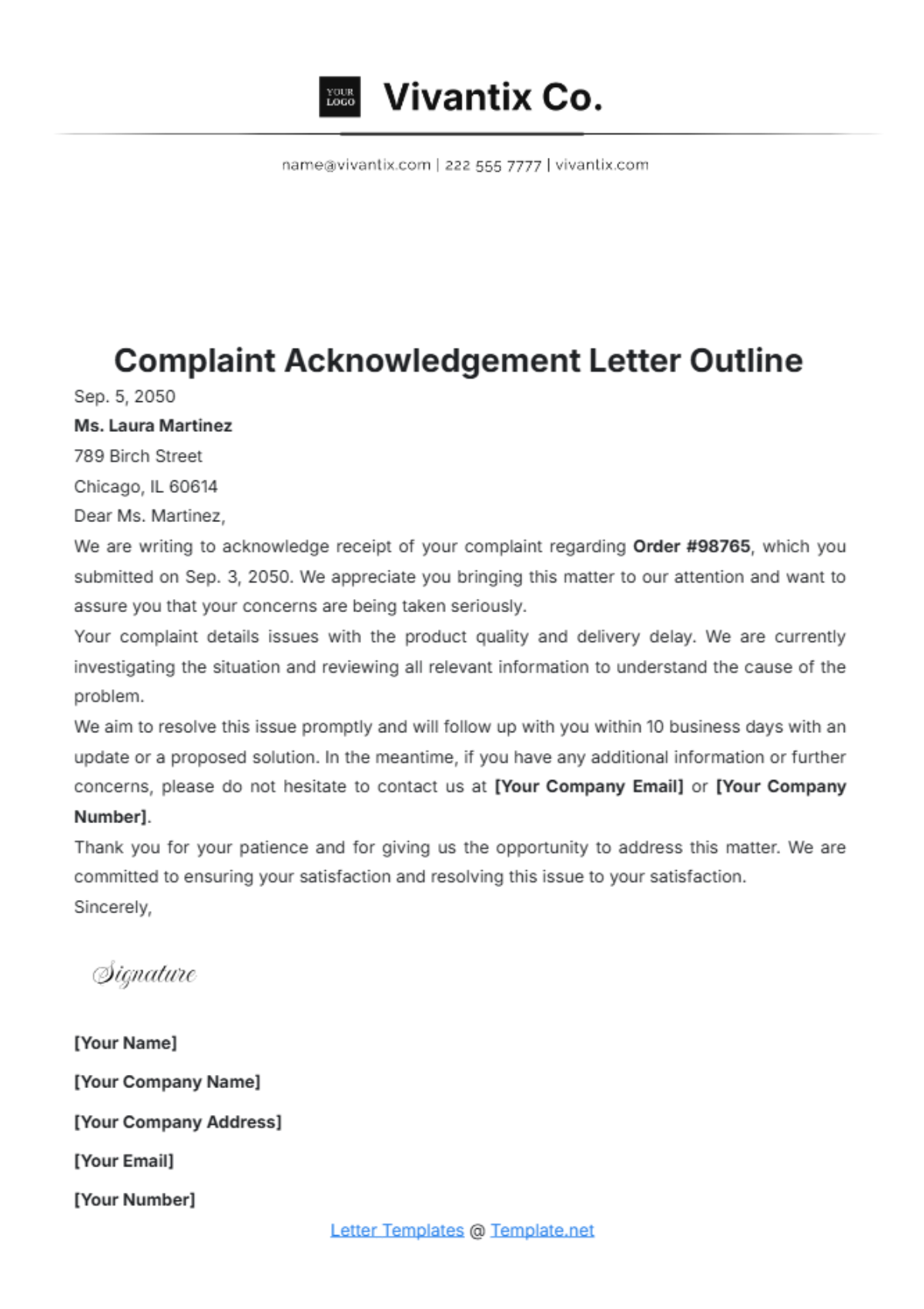 Complaint Acknowledgement Letter Outline Template