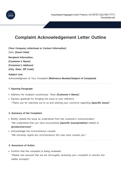 Free Complaint Acknowledgement Letter Outline Template to Edit Online
