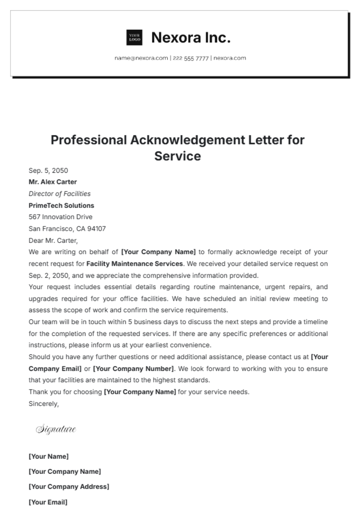 Professional Acknowledgement Letter for Service Template