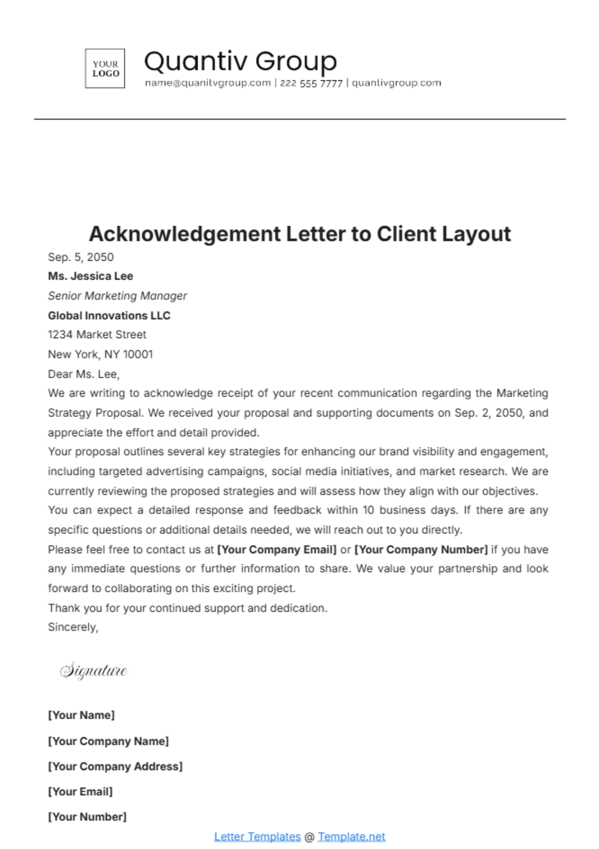 Acknowledgement Letter to Client Layout Template