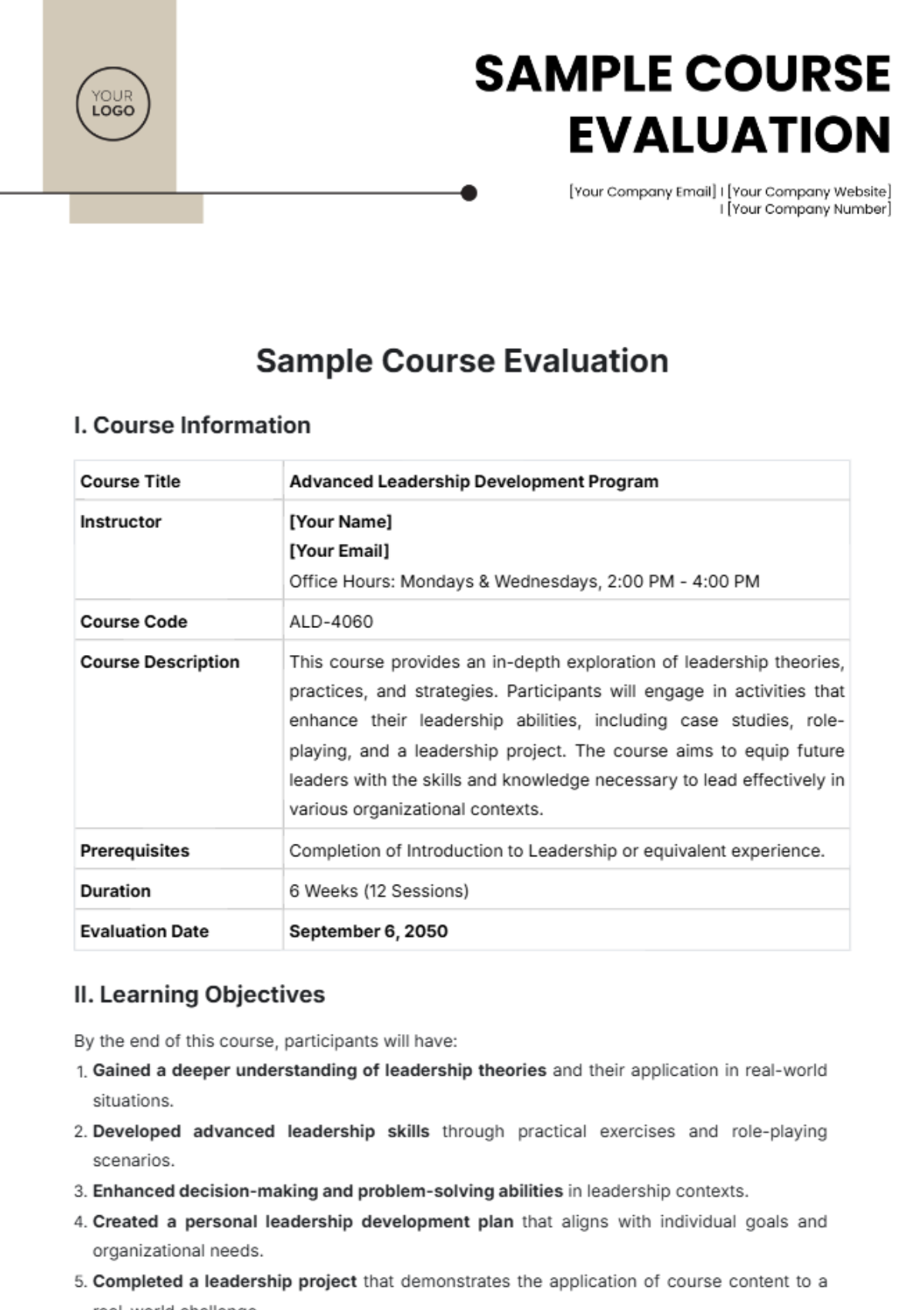 Sample Course Evaluation Template - Edit Online & Download