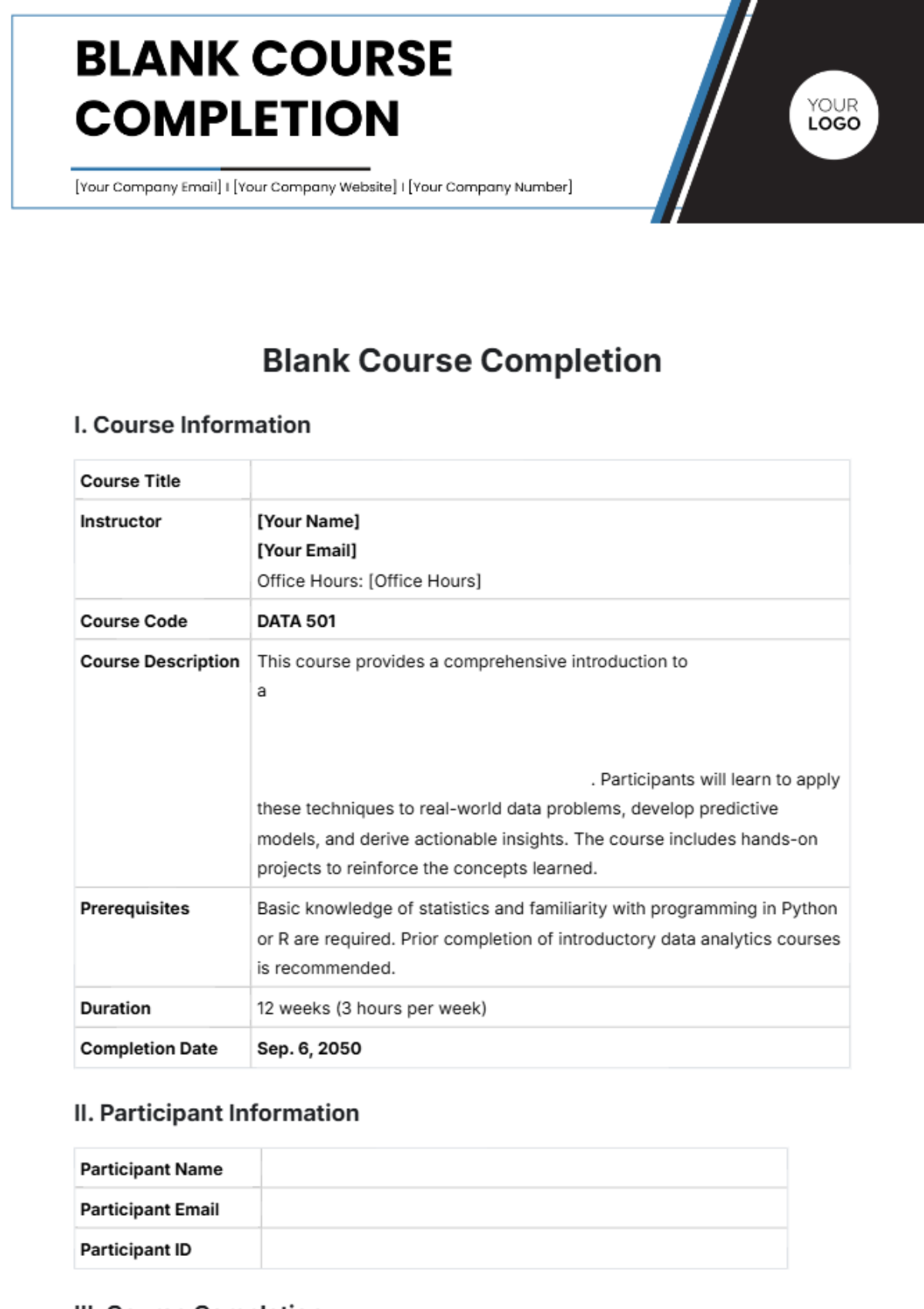 Blank Course Completion Template