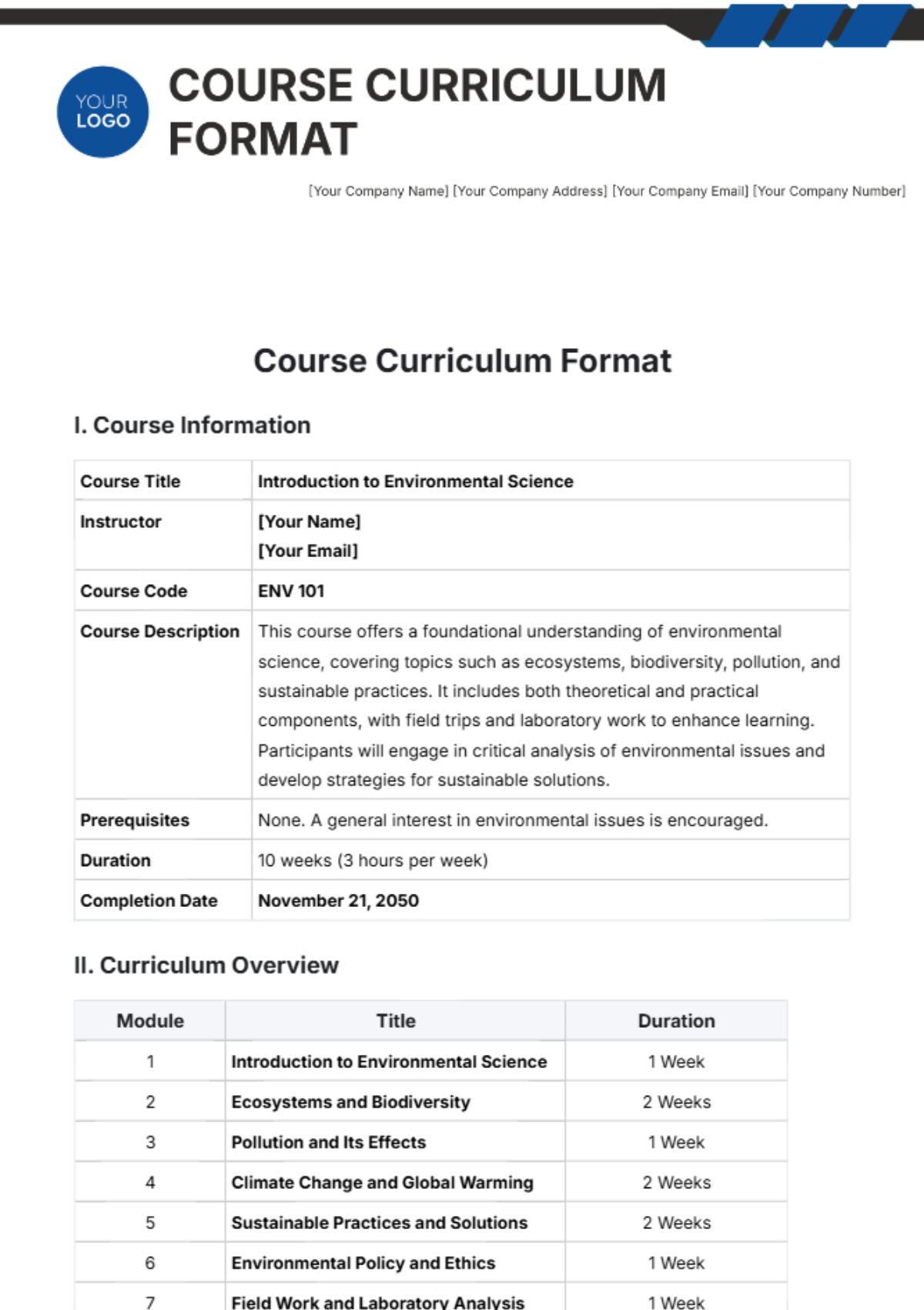 Course Curriculum Format Template - Edit Online & Download