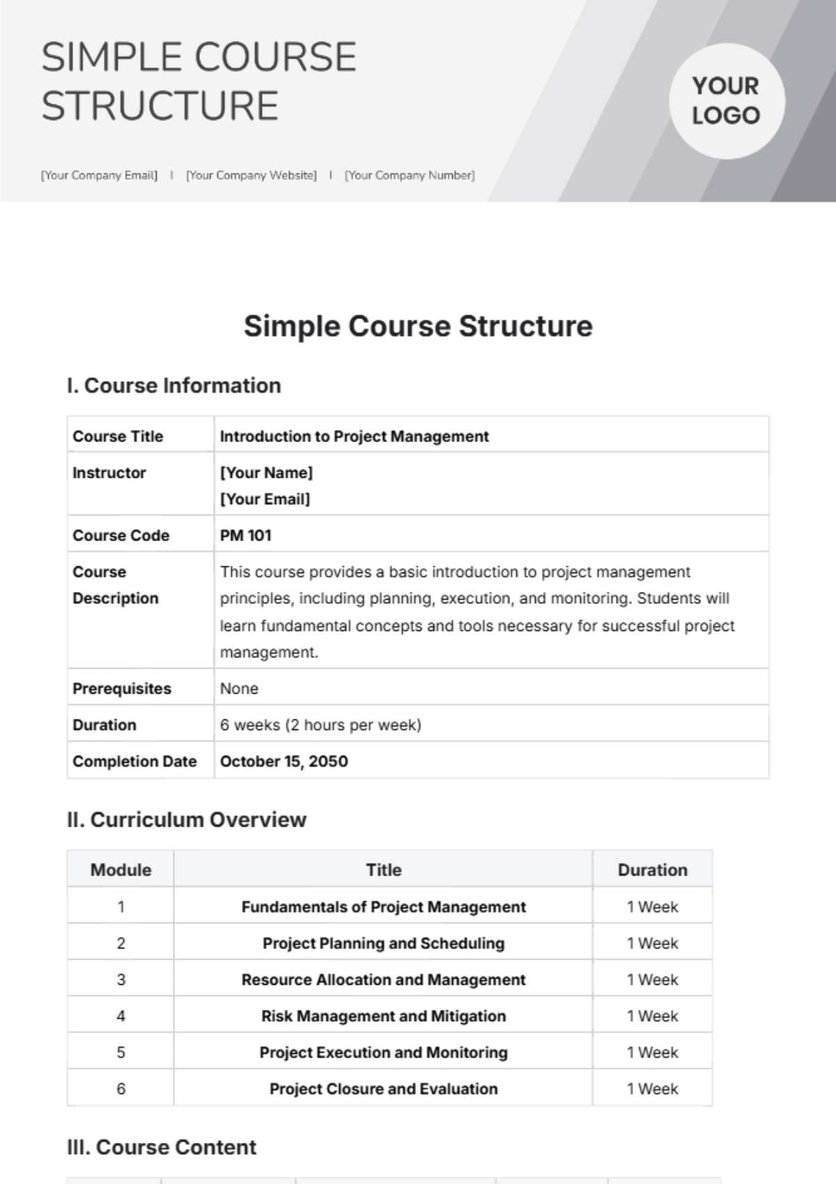 Free Simple Course Structure Template to Edit Online