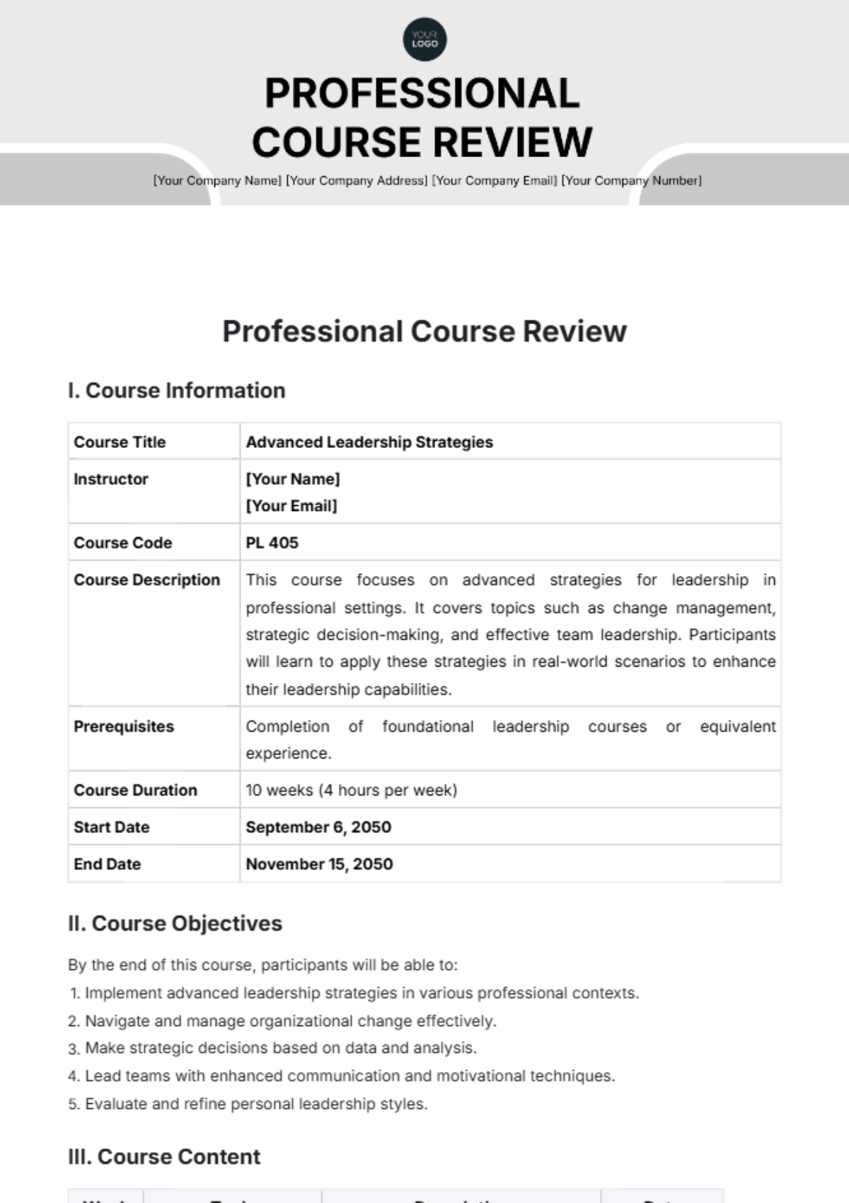 Professional Course Review Template - Edit Online & Download