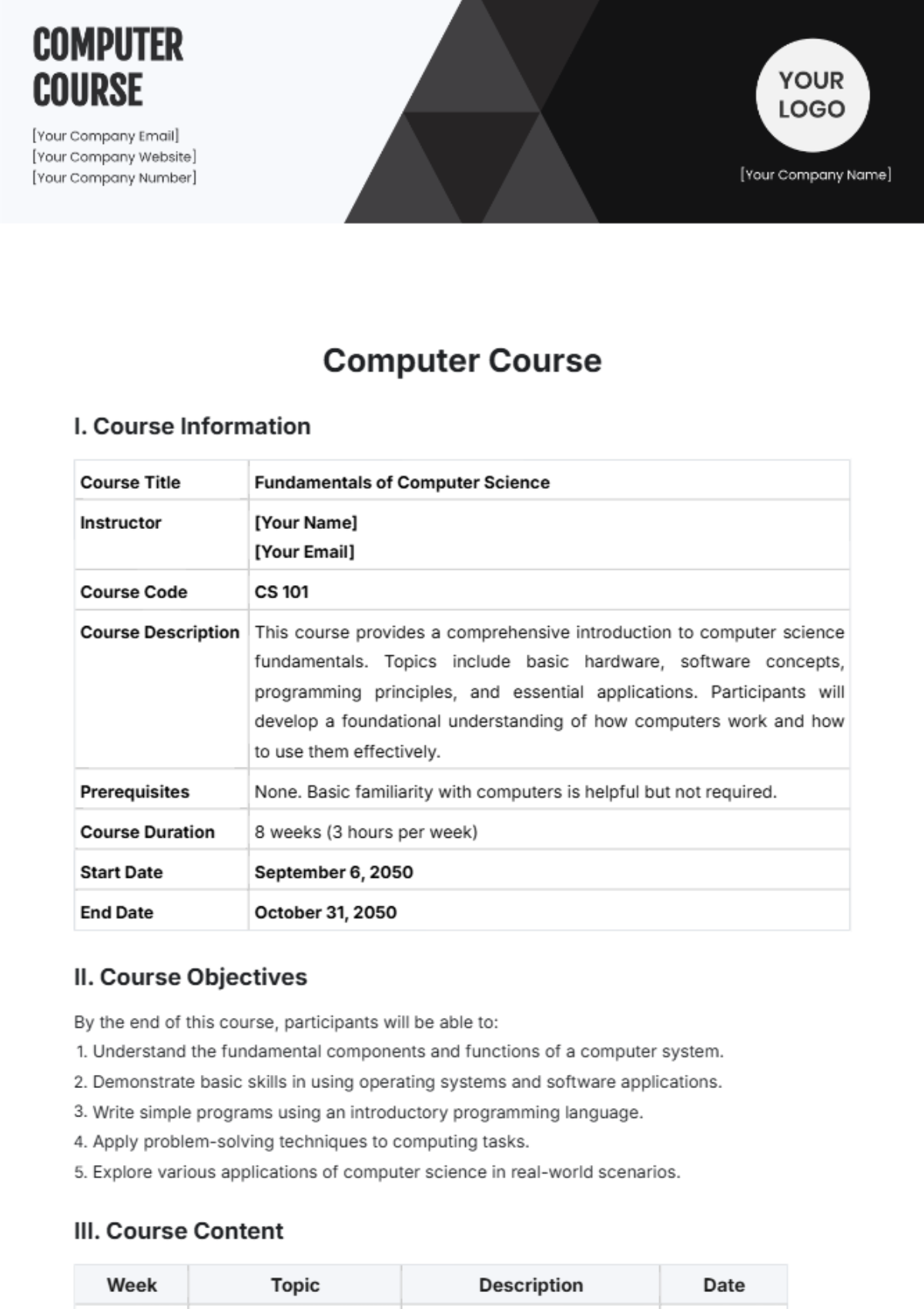 Computer Course Template - Edit Online & Download