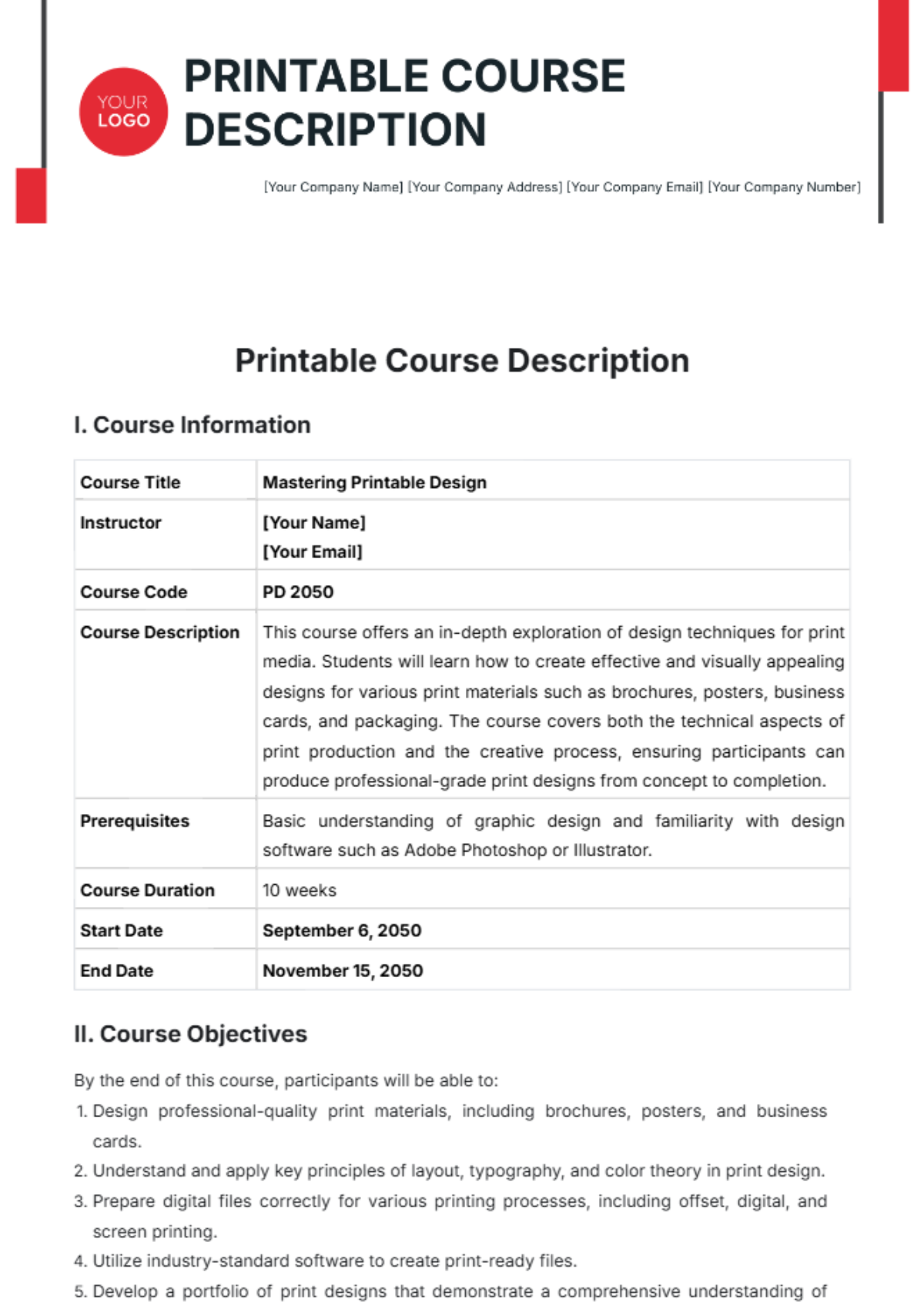 Printable Course Description Template - Edit Online & Download