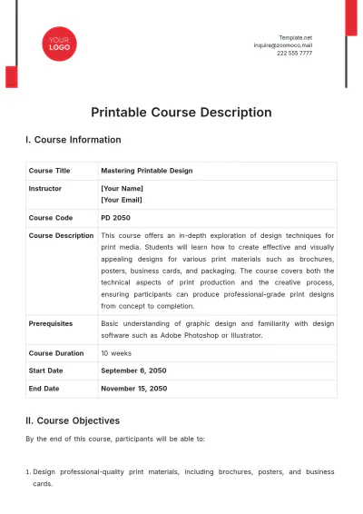 Free Printable Course Description Template to Edit Online