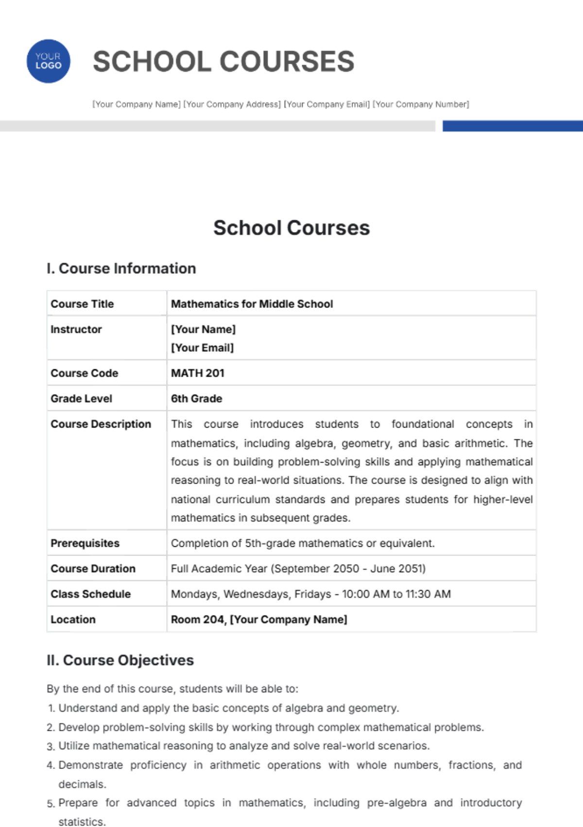 School Courses Template - Edit Online & Download