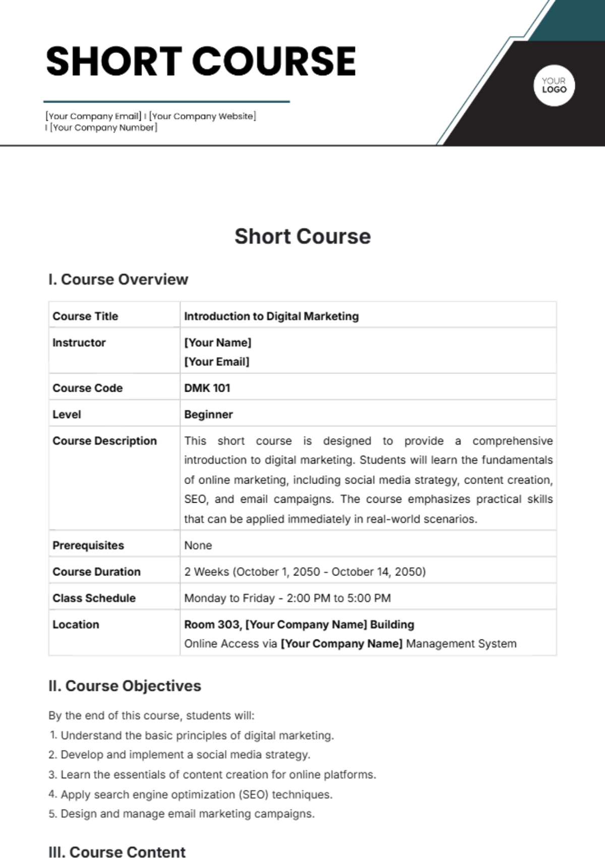 Short Course Template - Edit Online & Download