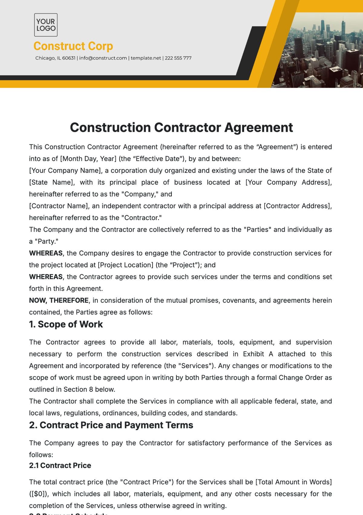 Construction Contractor Agreement Template - Edit Online & Download