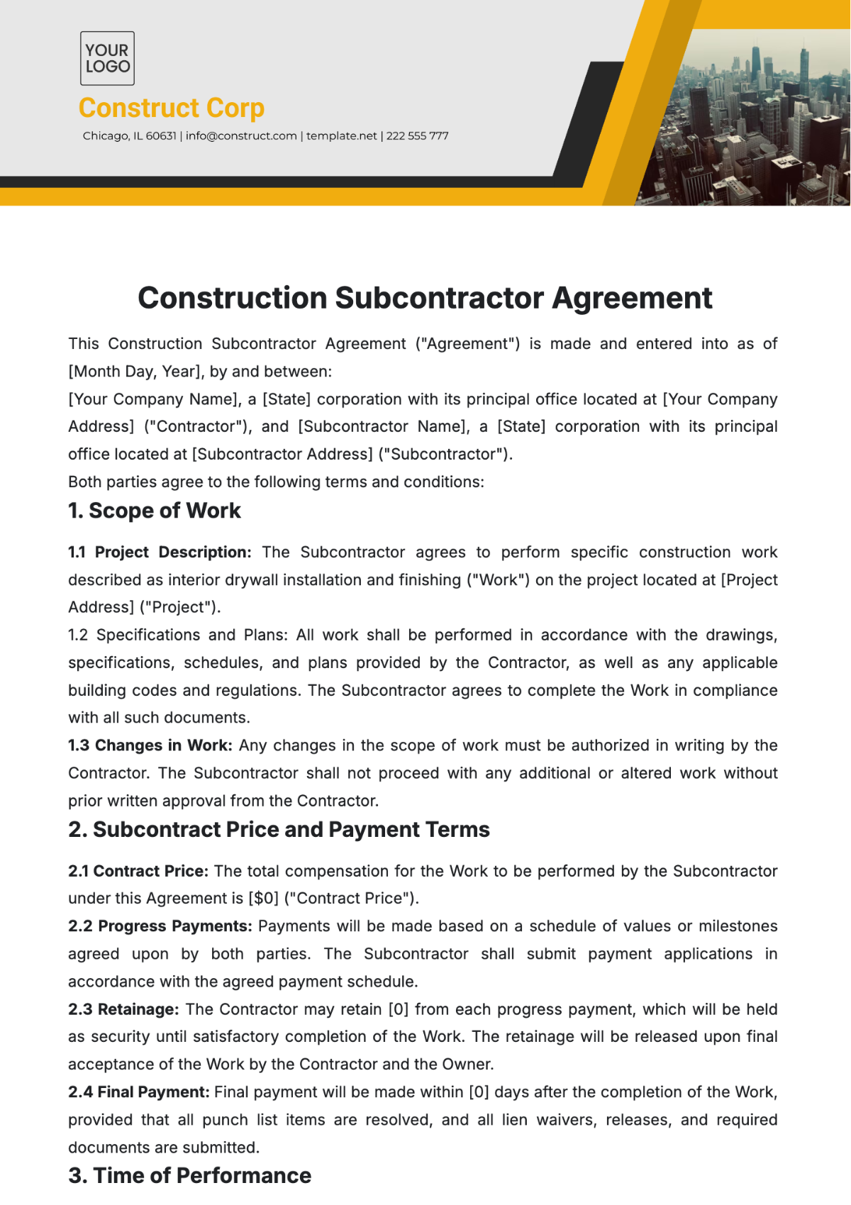 Construction Subcontractor Agreement Template