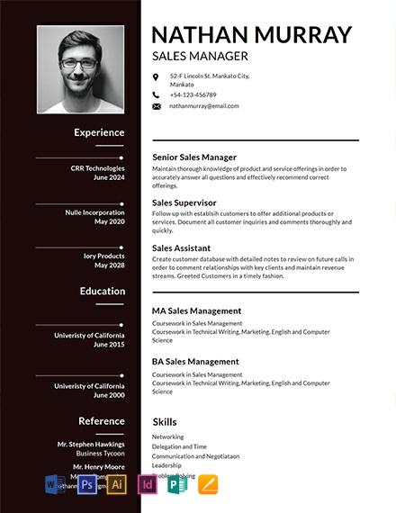 Sales Manager Resume Template - Illustrator, InDesign, Word, Apple Pages, PSD, Publisher