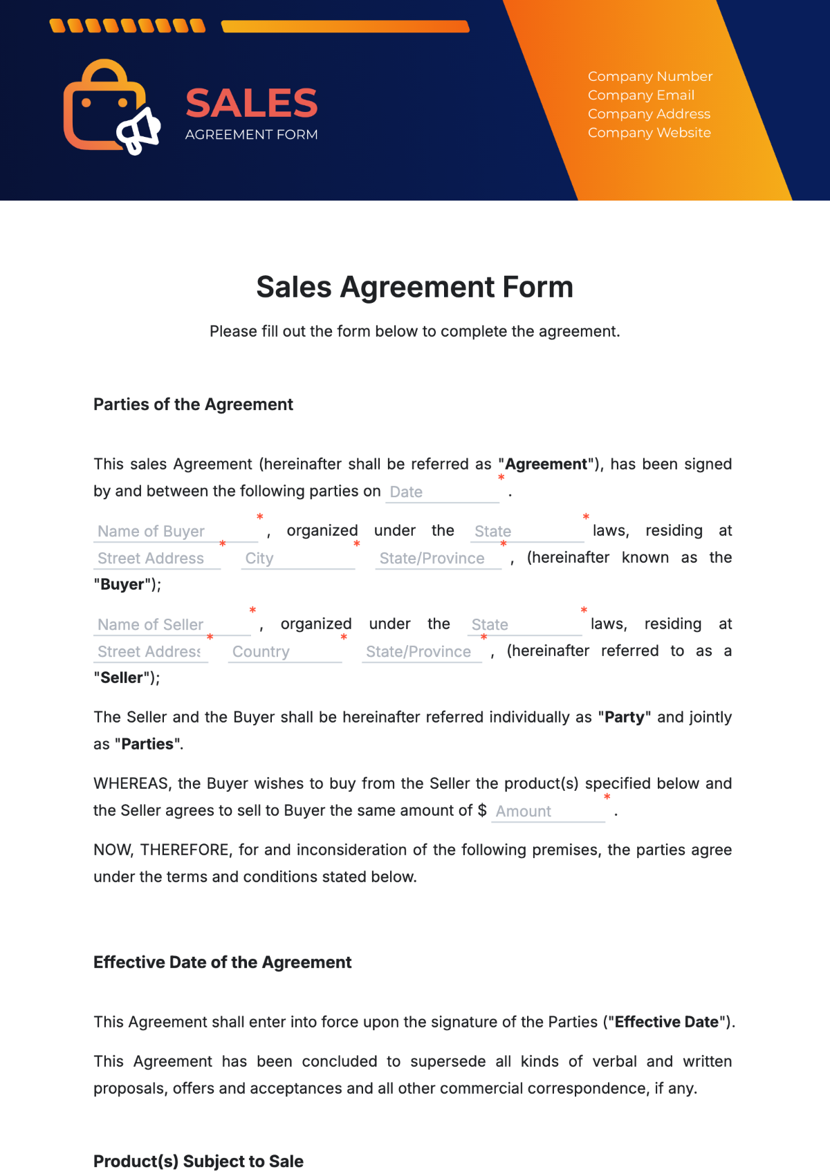 Sales Agreement Form Template - Edit Online & Download