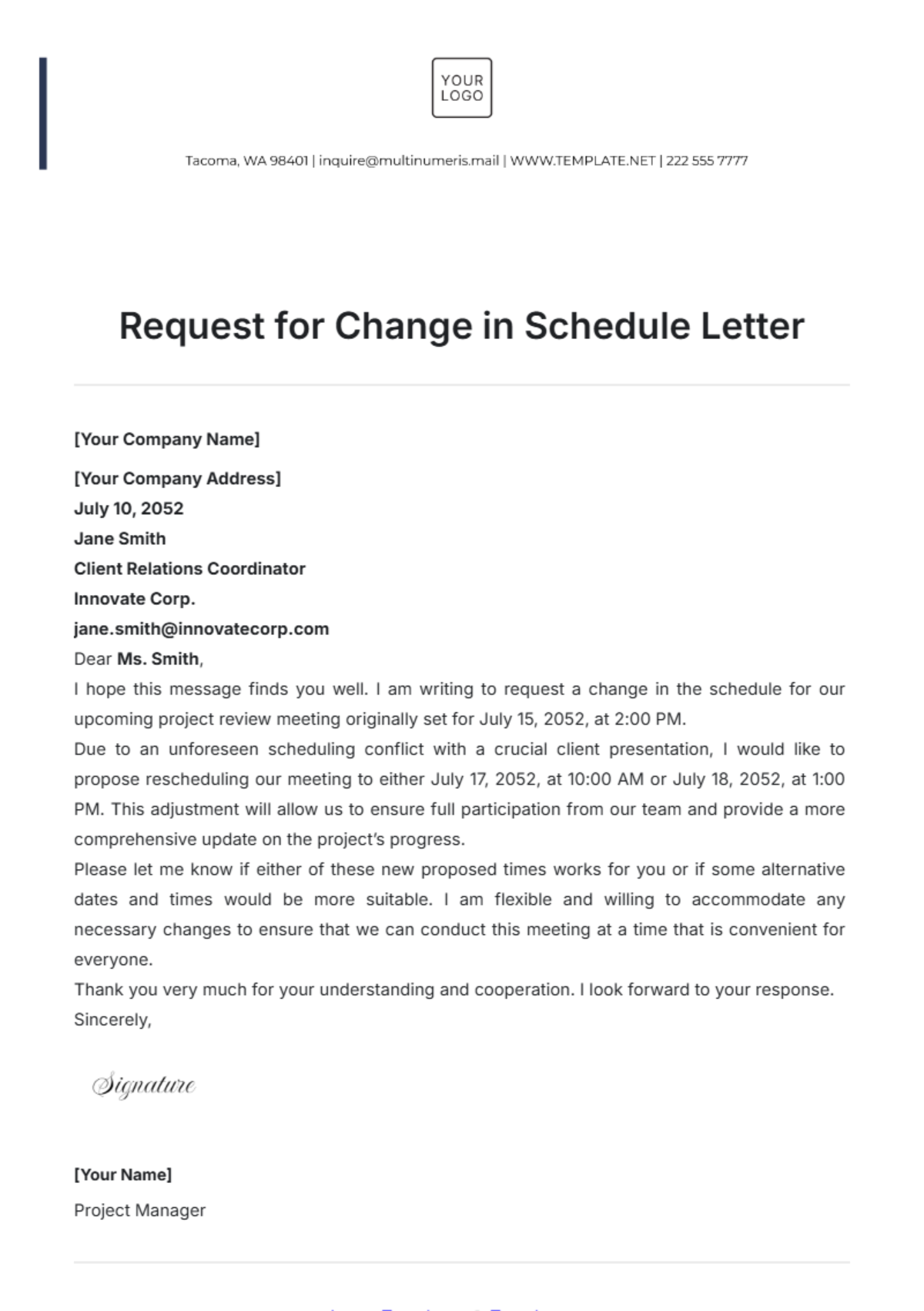 Request for Change in Schedule Letter Template