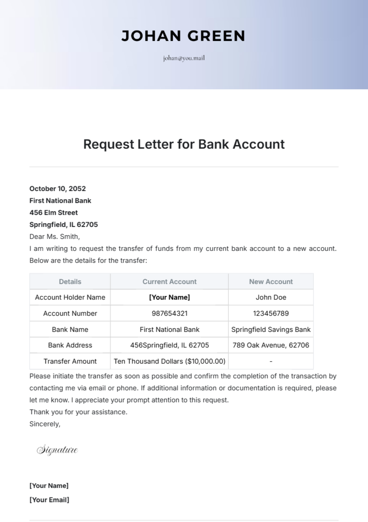 Request Letter for Bank Account Transfer Template