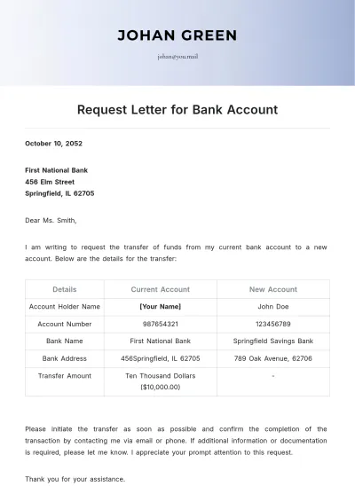 Free Request Letter for Bank Account Transfer Template to Edit Online