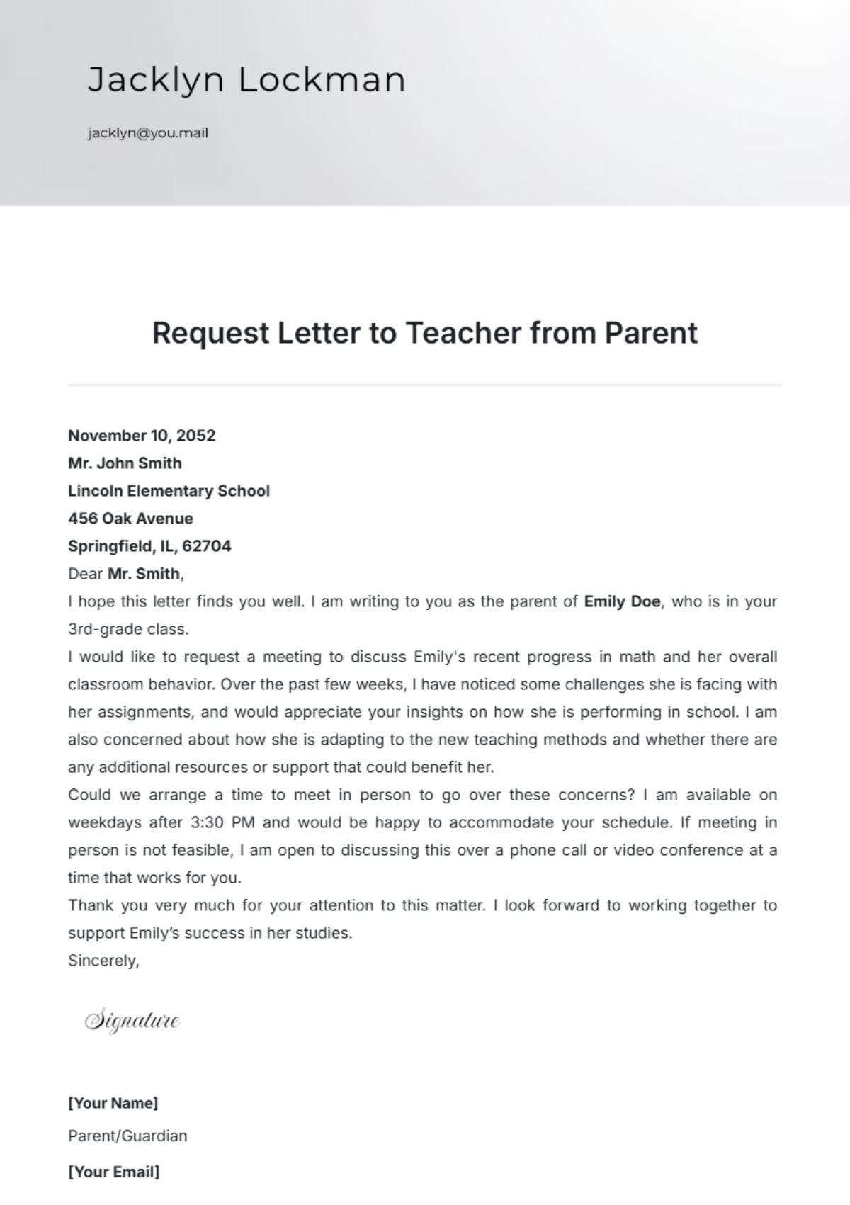 Request Letter to Teacher from Parent Template - Edit Online & Download