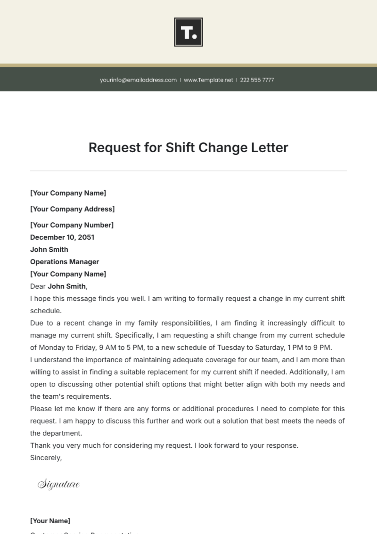 Request for Shift Change Letter Template - Edit Online & Download