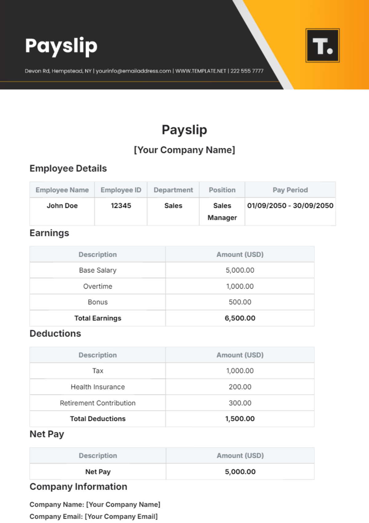 Free South African Payslip Template to Edit Online