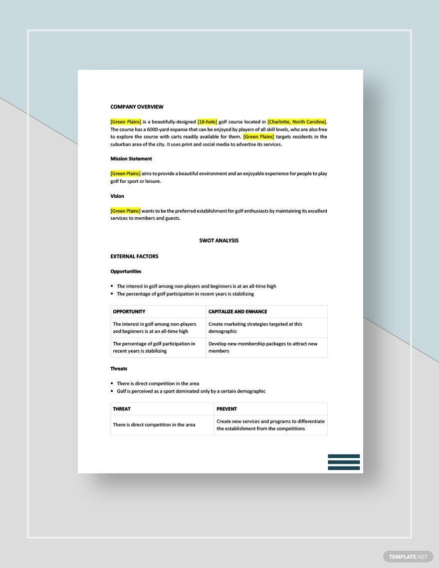 Golf Course Swot Analysis Template Google Docs, Word, Apple Pages