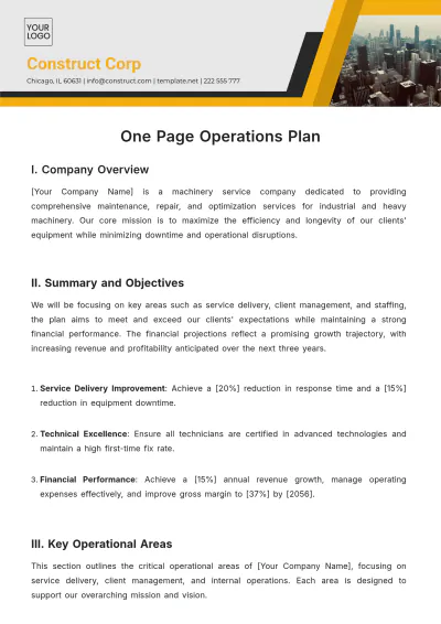 Free One Page Operations Plan Template to Edit Online