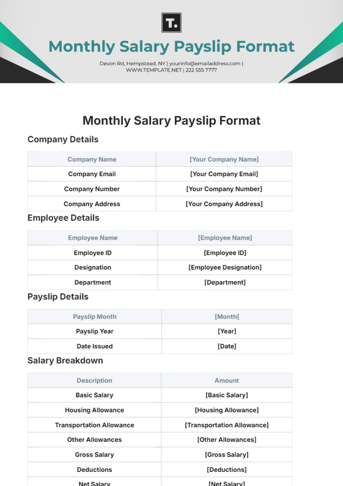 Monthly Salary Payslip Format Template - Edit Online & Download