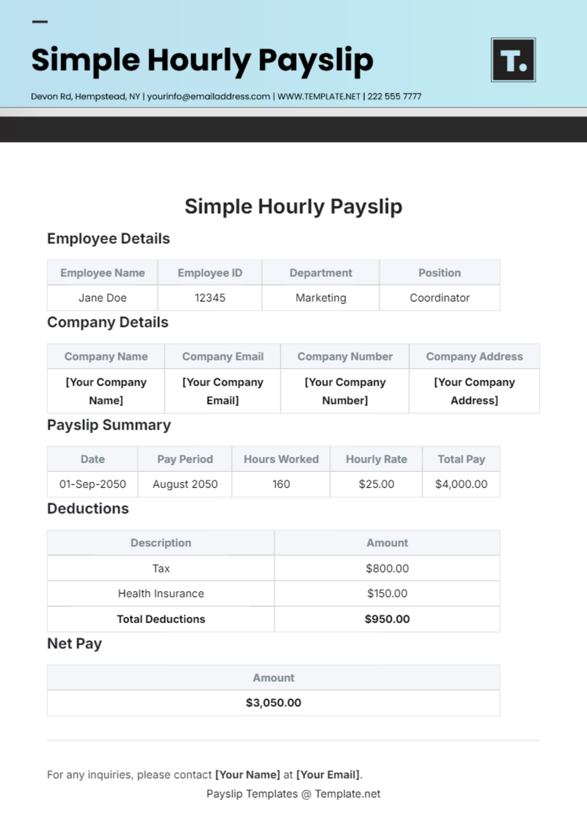 Simple Hourly Payslip Template - Edit Online & Download