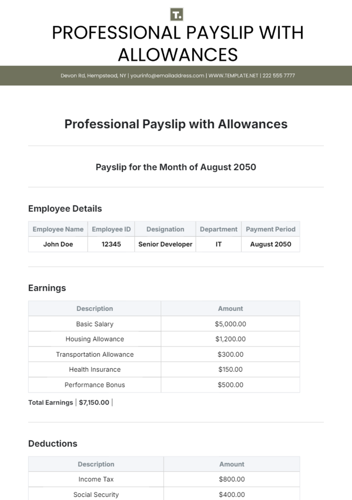 Professional Payslip Template with Allowances - Edit Online & Download