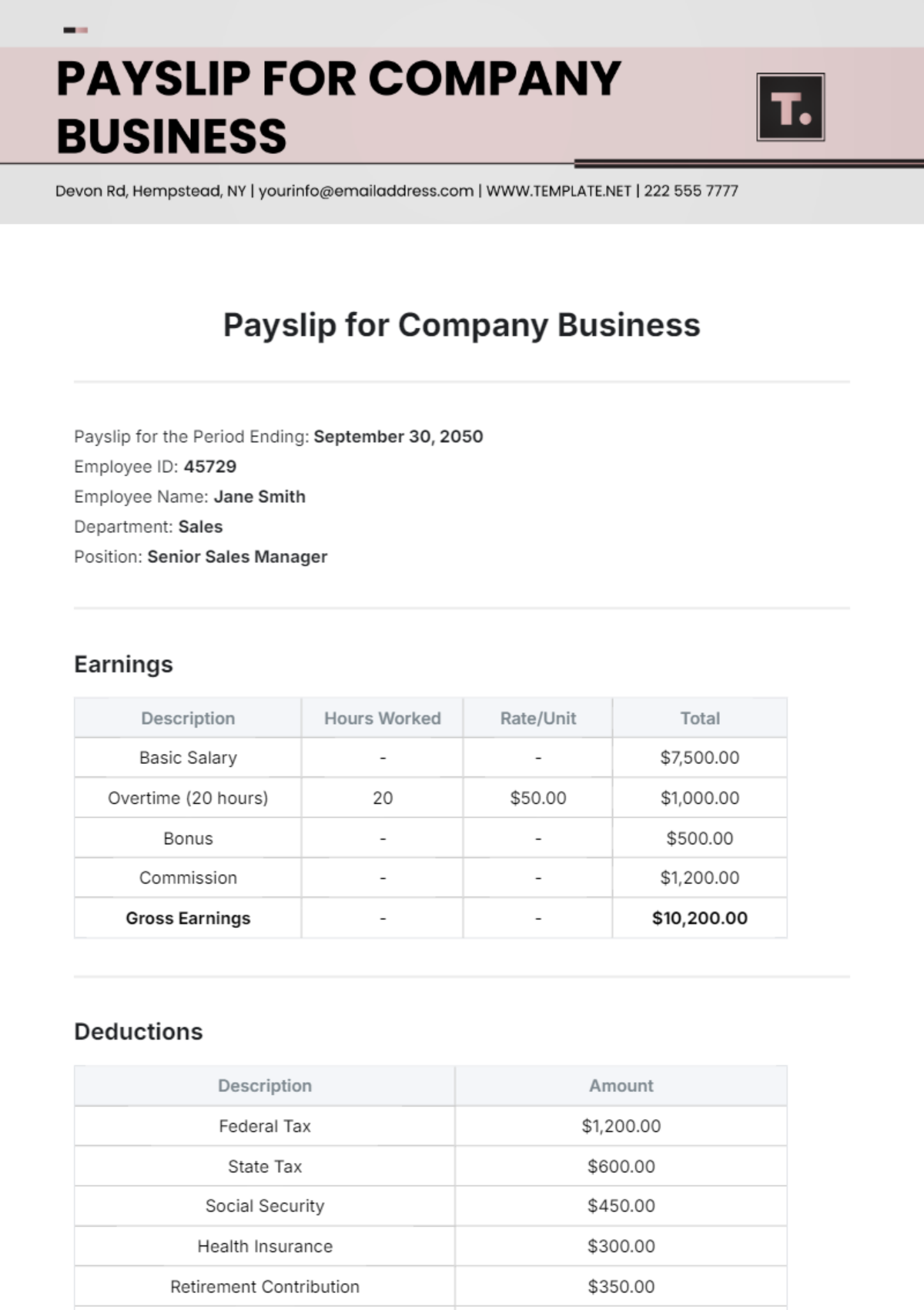 Payslip Template for Company Business - Edit Online & Download