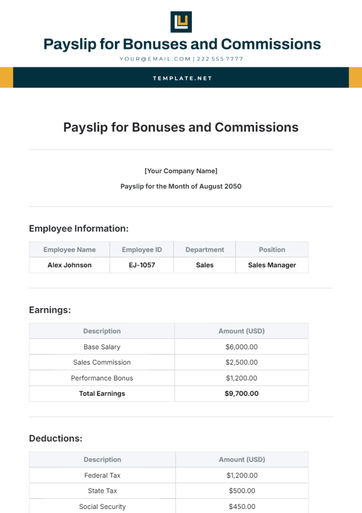 Payslip Template for Bonuses and Commissions - Edit Online & Download