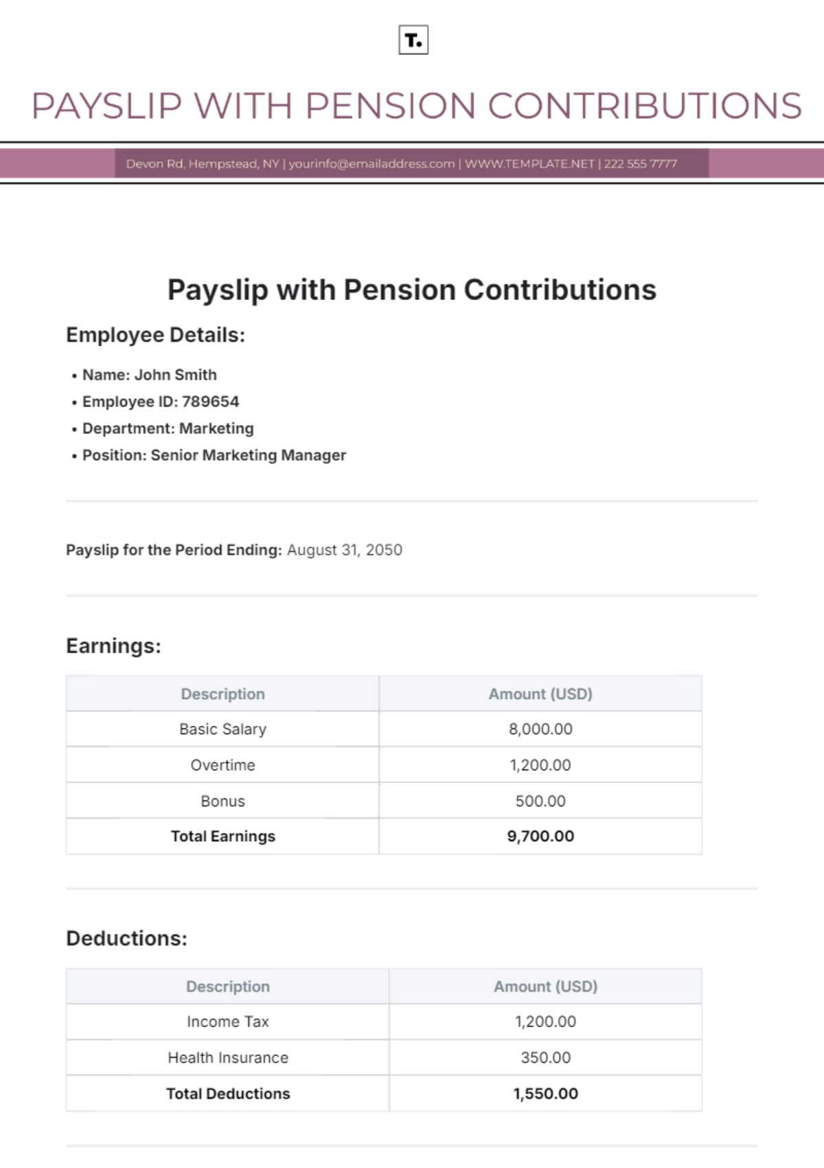 Payslip Template with Pension Contributions - Edit Online & Download