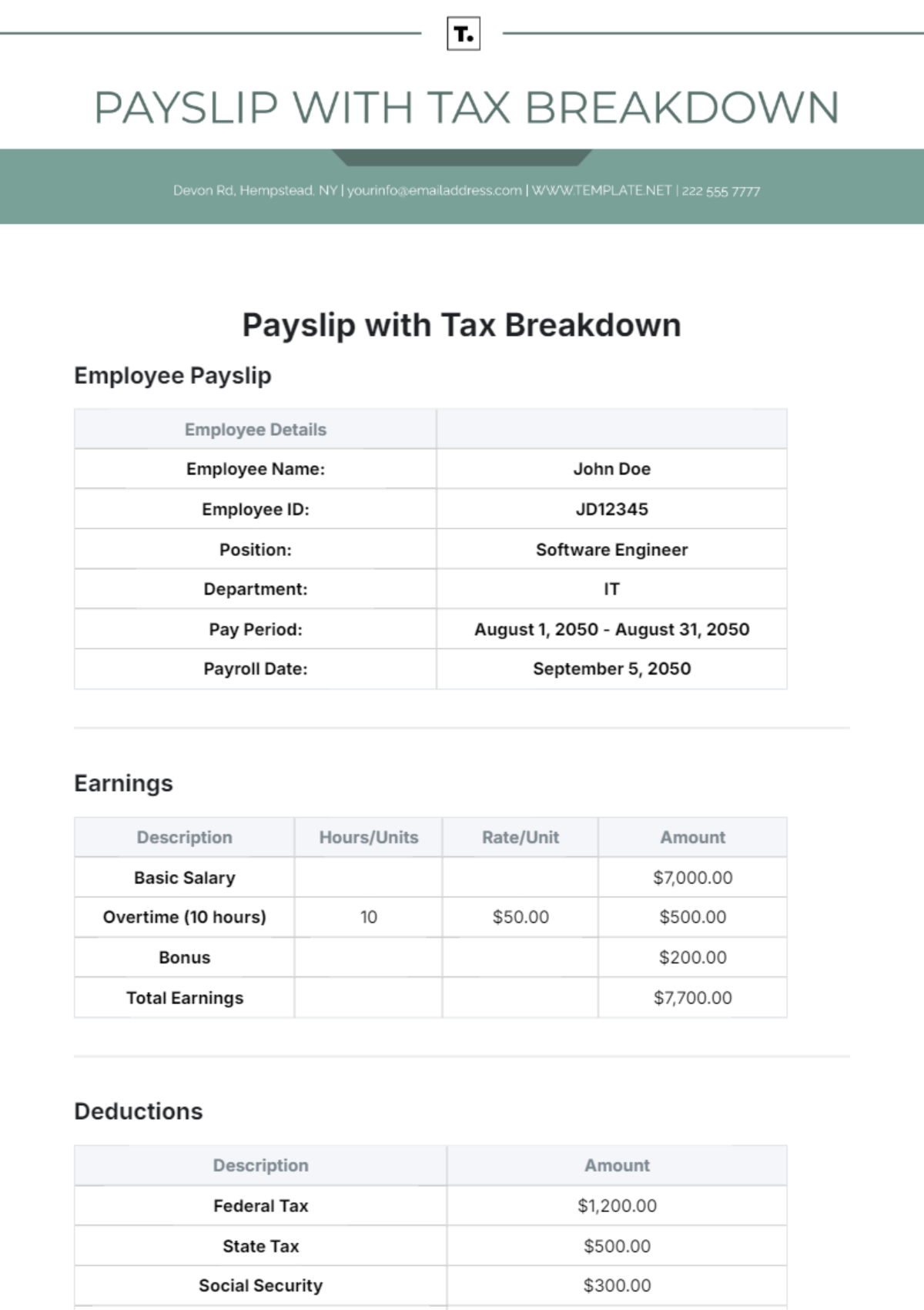 Payslip Template with Tax Breakdown - Edit Online & Download