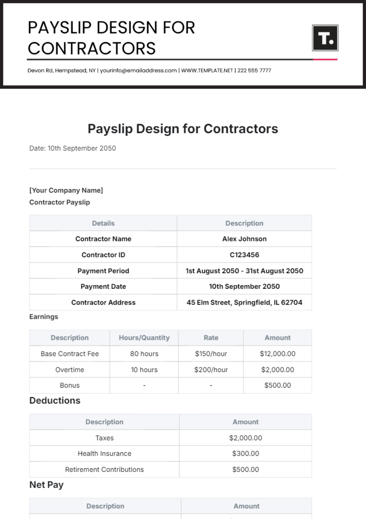 Payslip Template Design for Contractors - Edit Online & Download