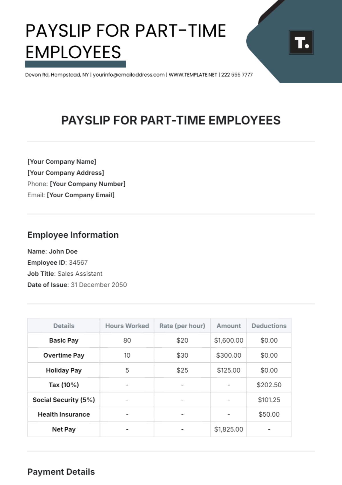 Payslip Template for Part-Time Employees - Edit Online & Download