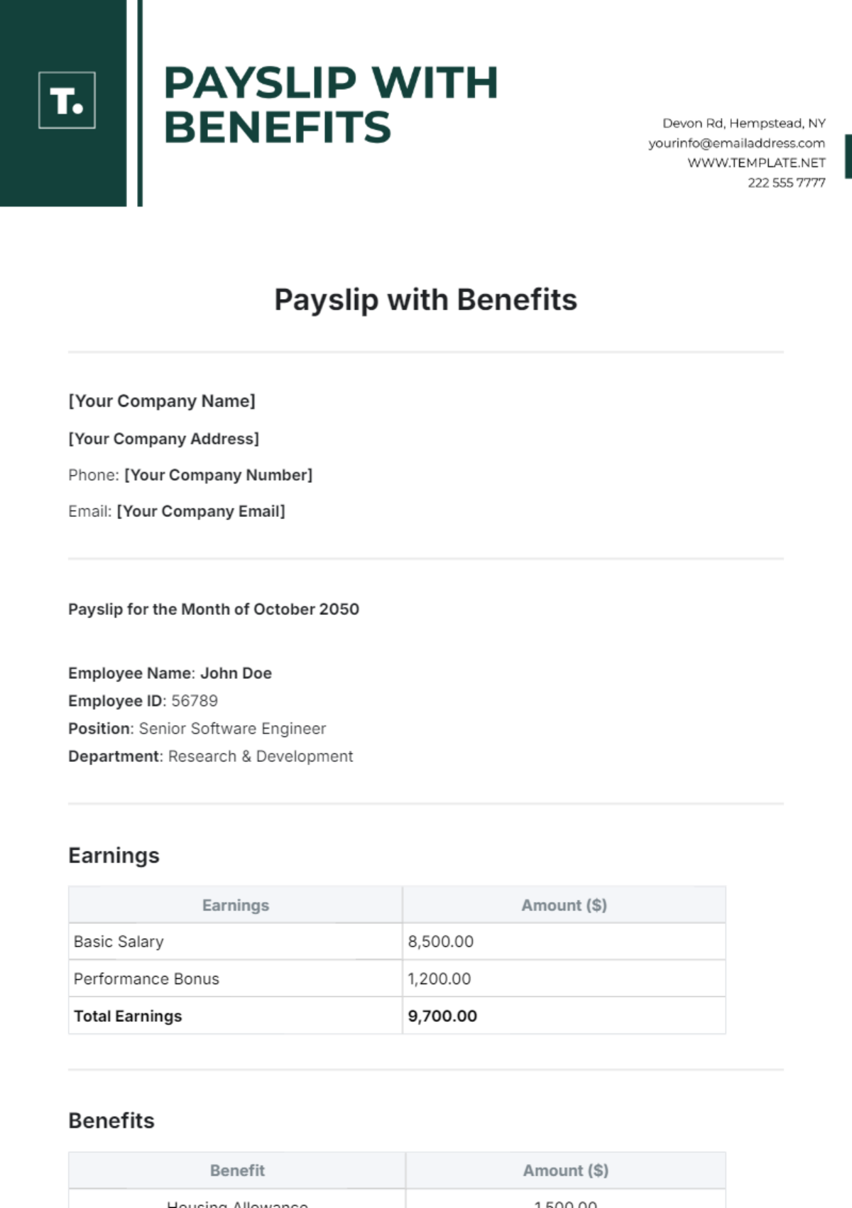 Payslip Template with Benefits - Edit Online & Download