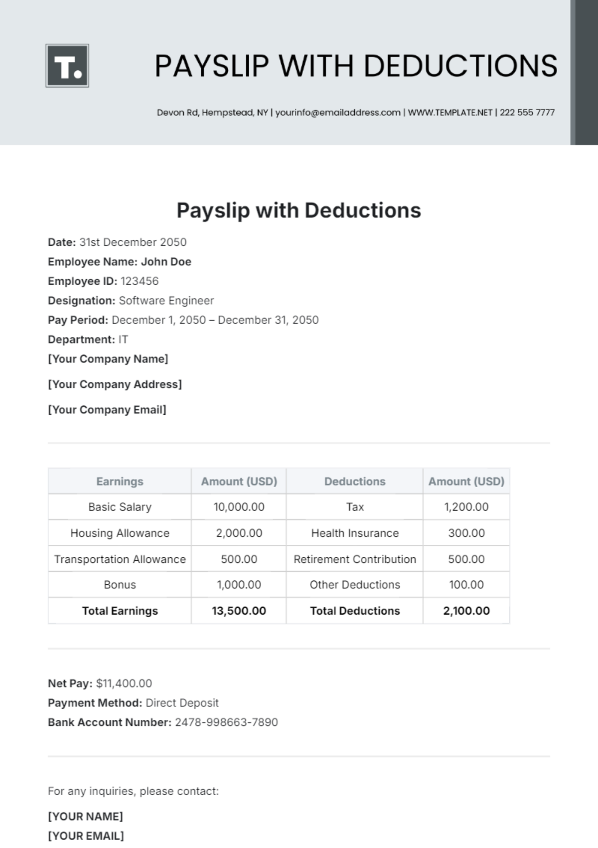 Payslip Template with Deductions