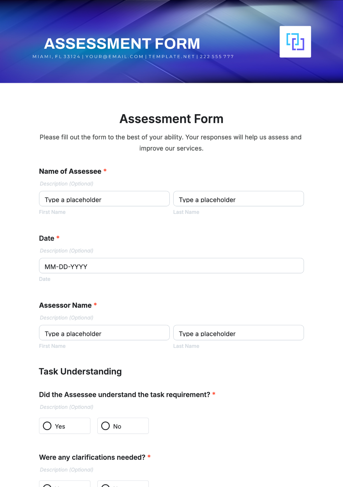 Free Assessment Form Template