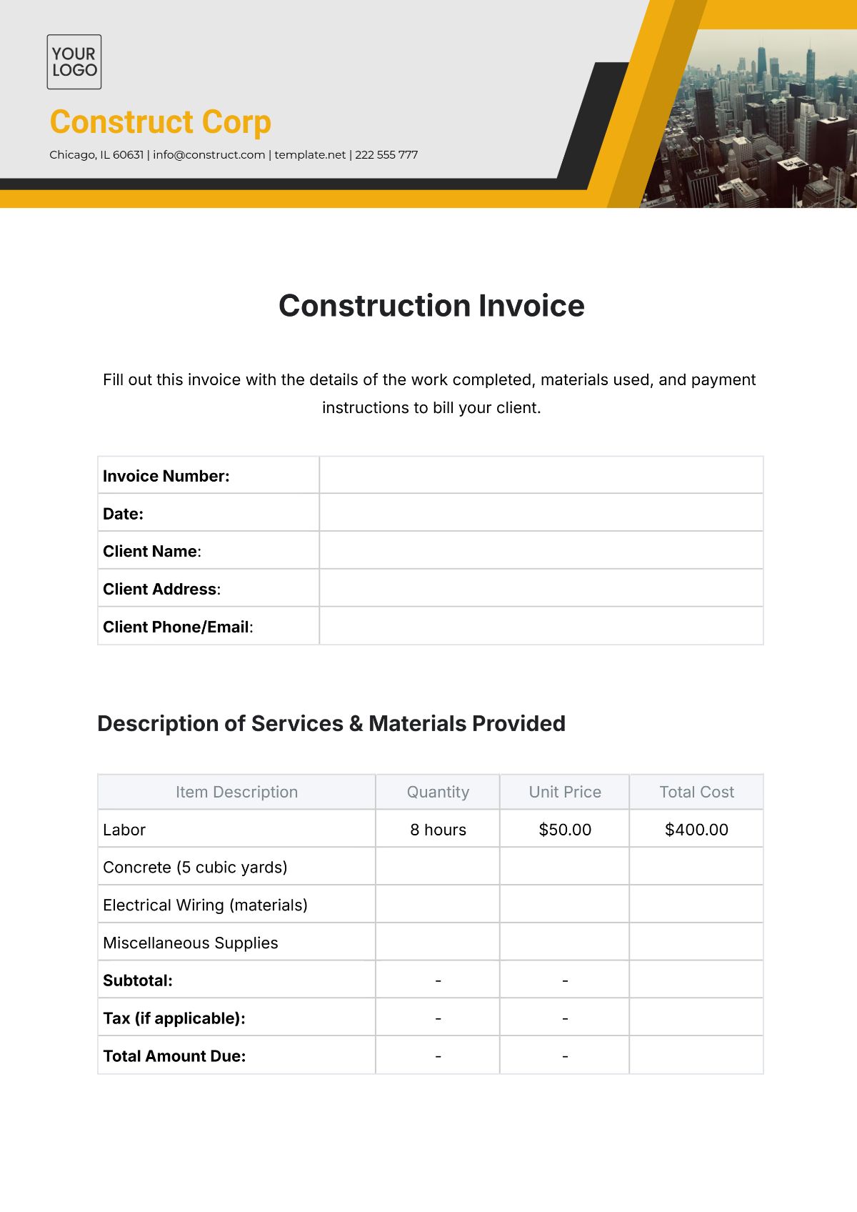 Construction Invoice Template - Edit Online & Download