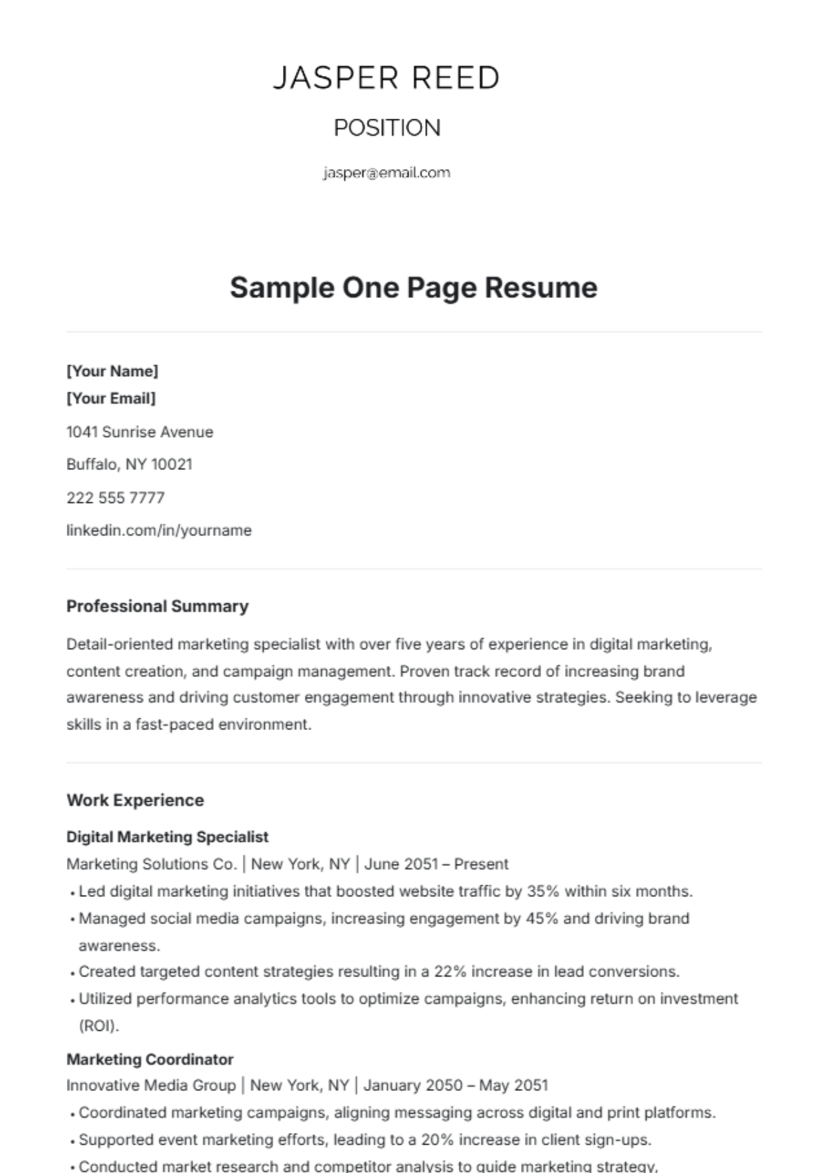 Sample One-Page Resume Template