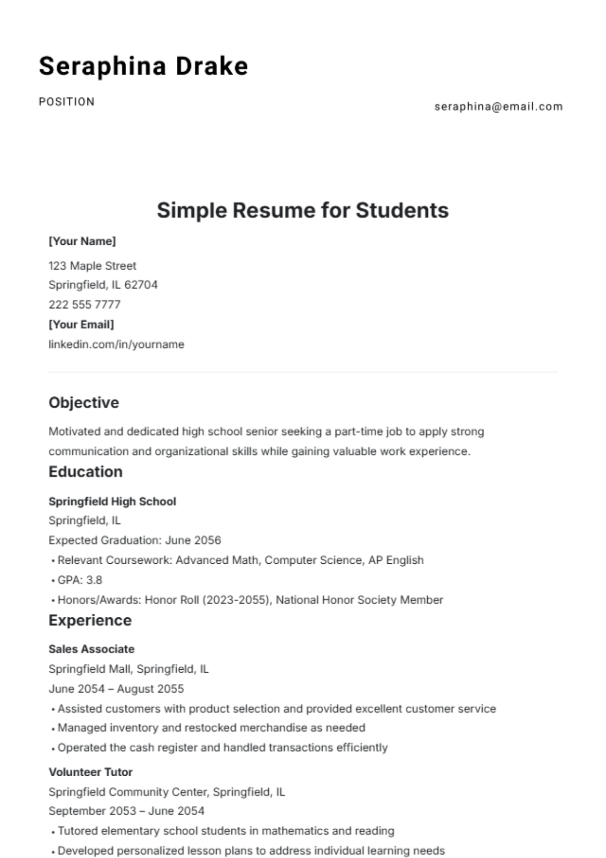 Simple Resume Template for Students