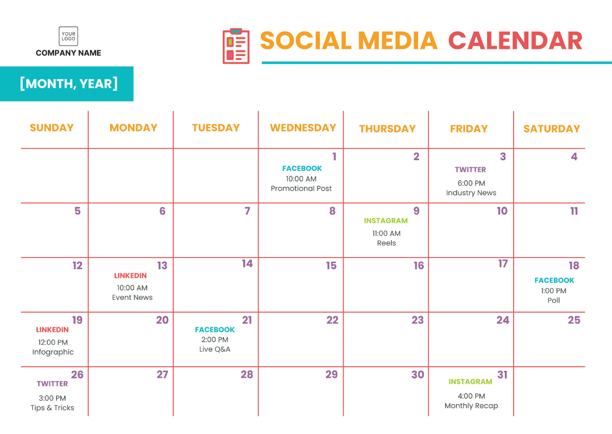 Digital Marketing Social Media Calendar Template - Edit Online & Download