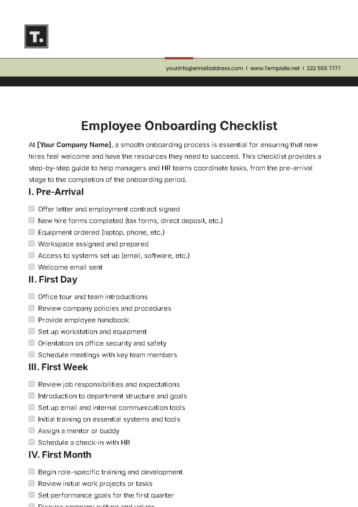 Employee Onboarding Checklist Template