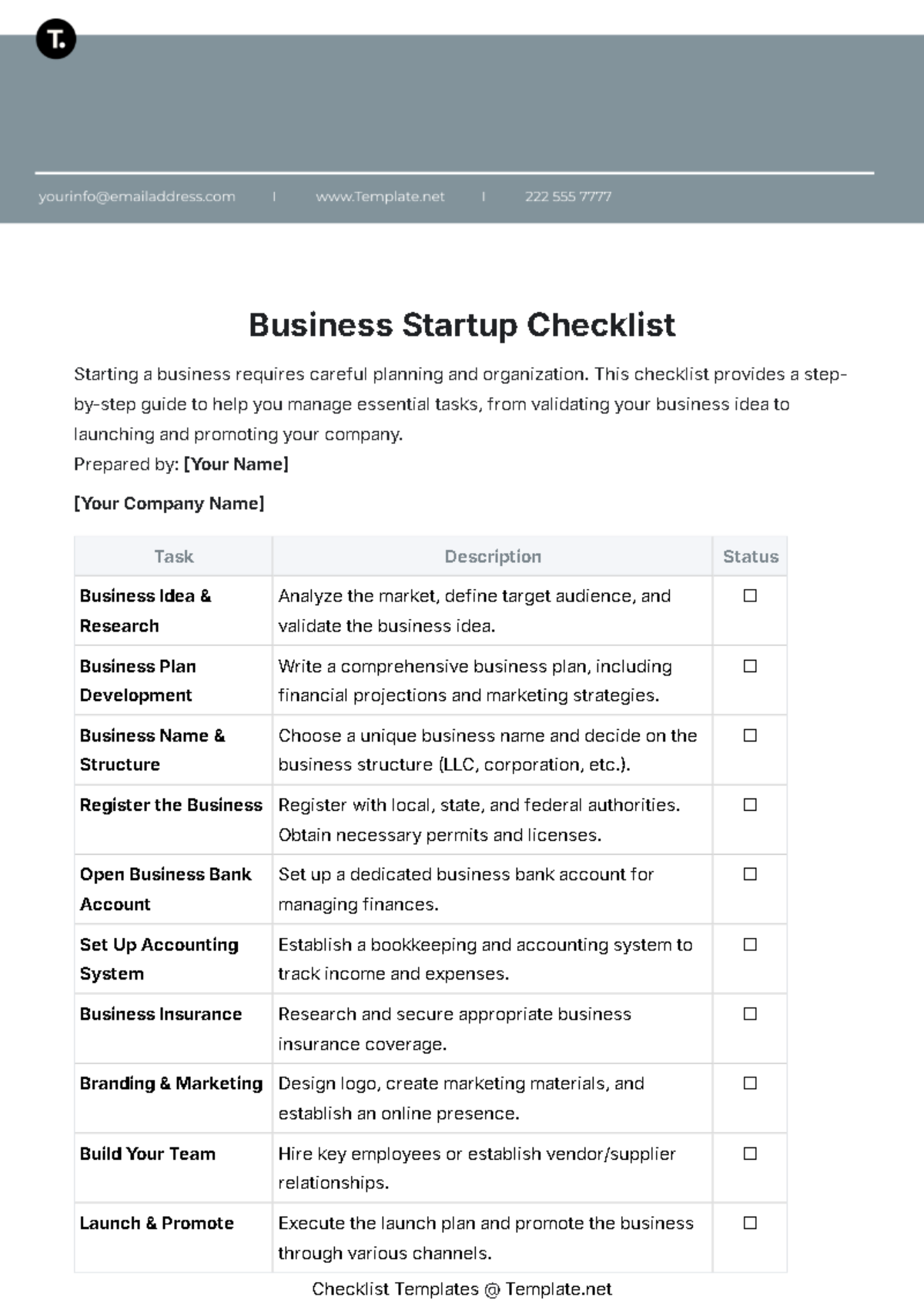 Business Startup Checklist Template