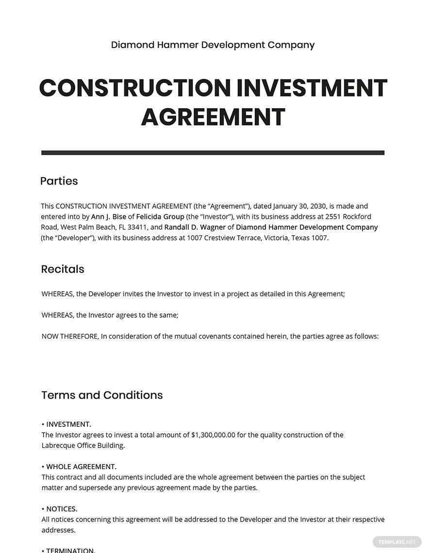 One Page Construction Investment Agreement Template