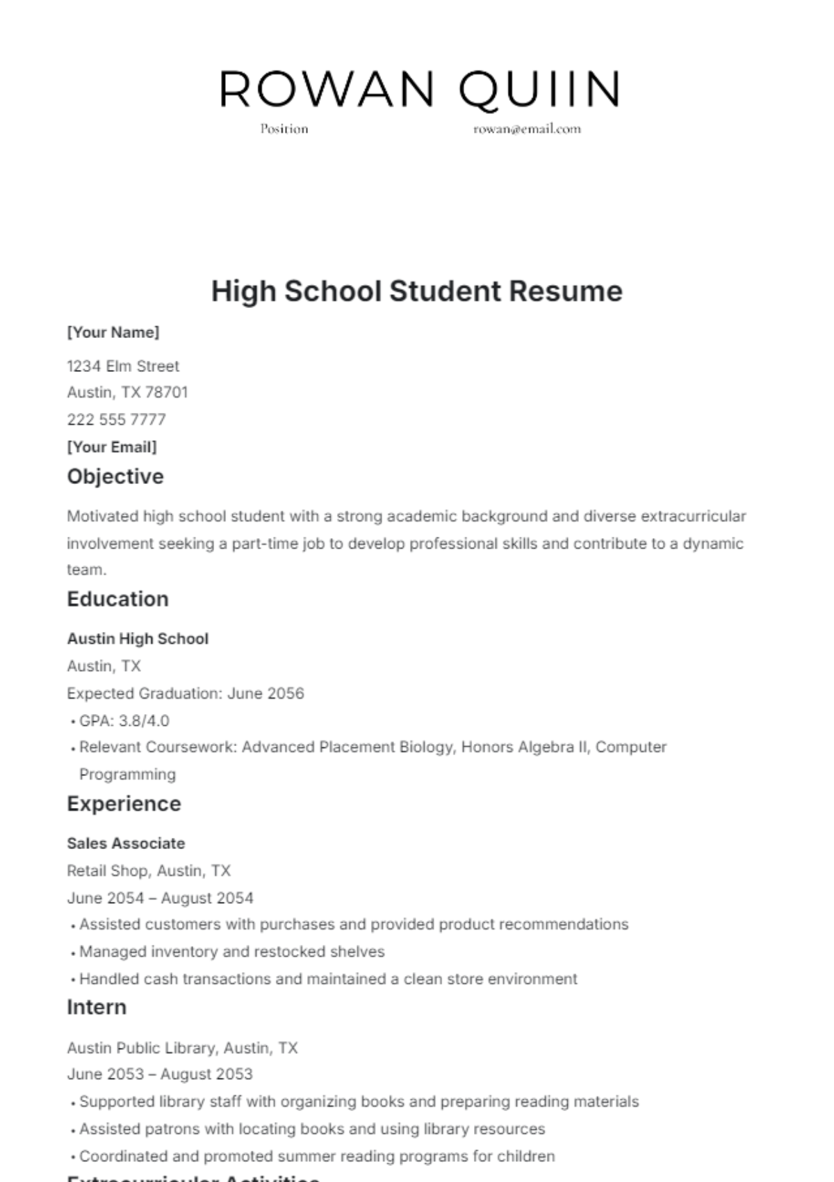 High School Student Resume Template